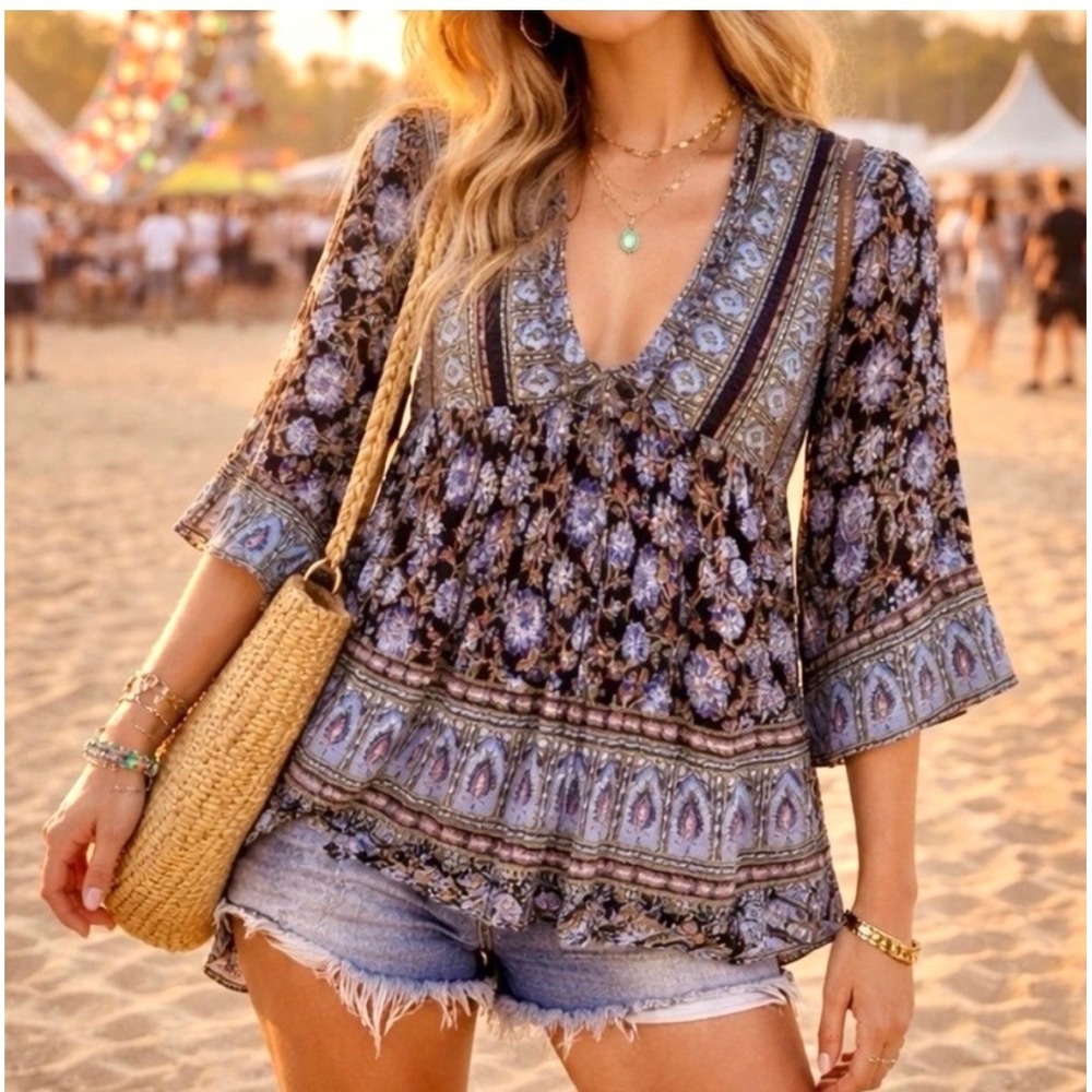 Free People Midnight‎ Dance Top Womens XS Blue Black Floral Bell Sleeve Boho